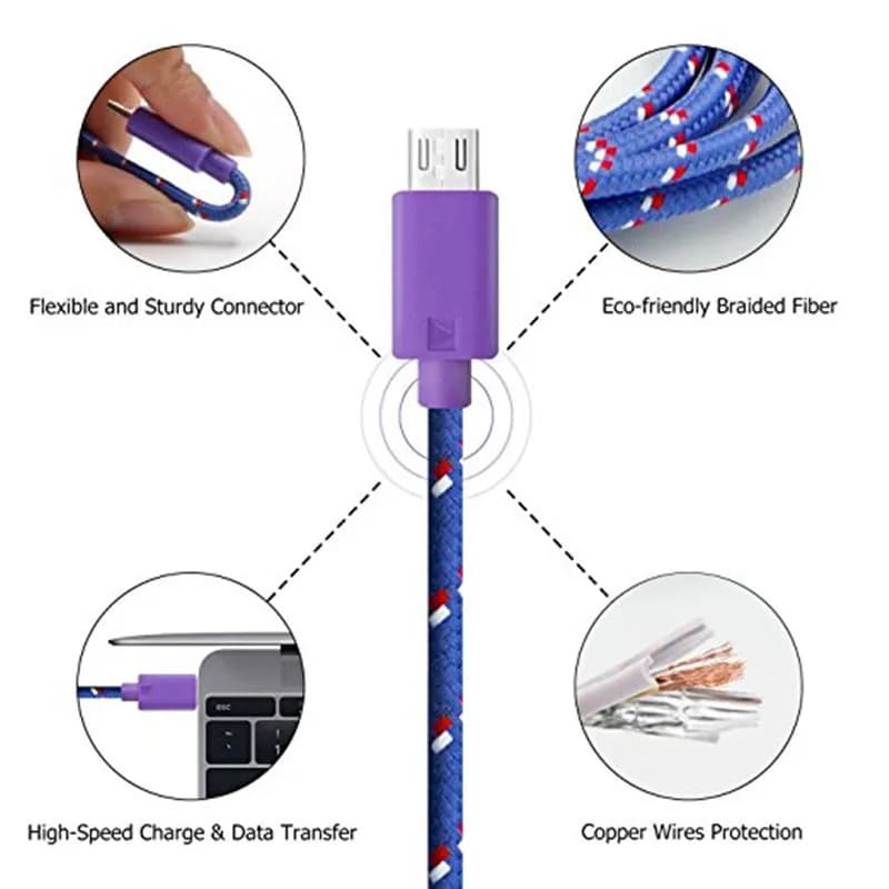 كابل Vumpach من النايلون المضفر Micro USB بطول 1 متر/2 متر/3 أمتار كابل شحن USB لمزامنة البيانات لهواتف Samsung وHTC وLG وHuawei وXiaomi وأندرويد - 5