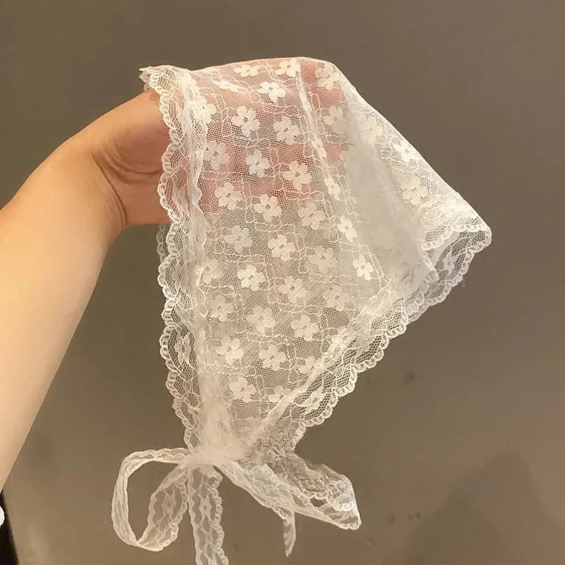 Women French Country Style Lace Mesh Triangle Scarf Spring Summer Floral Hair Scarf Elegant Headwrap Bohemian Hair Accessories - 3