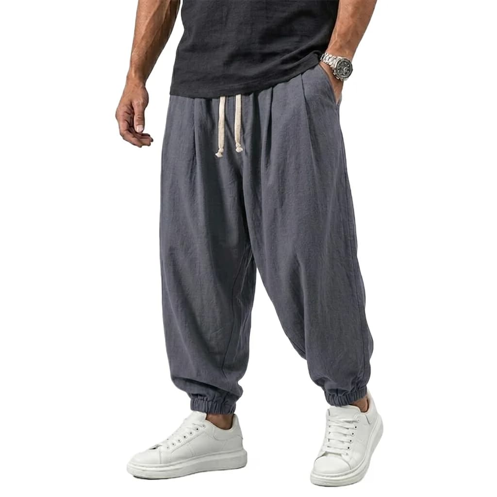 Korean Linen Pants Men's Cotton Trousers Gym Man Work Casual Pants Autumn Loose Harem Pants Spring Drawstring Streetwear Man - 2
