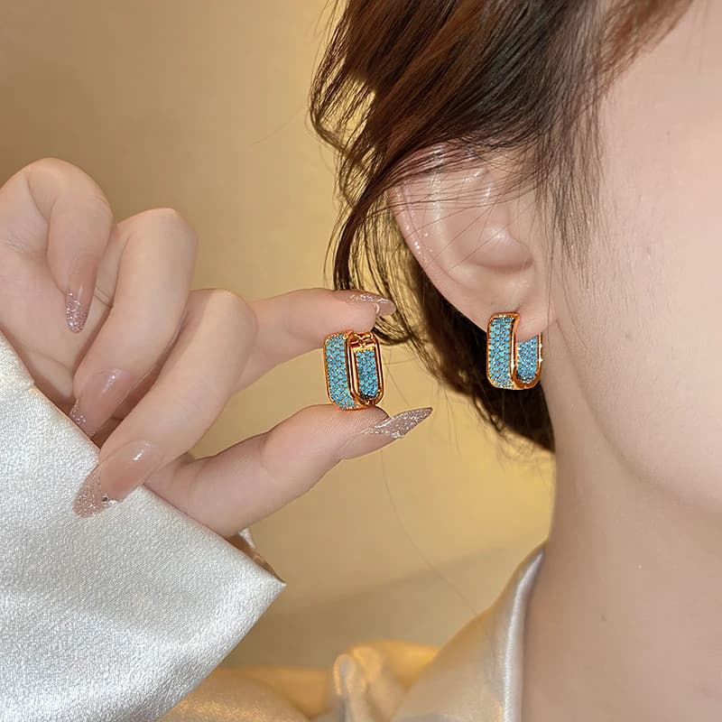 2025 New Plated 18K Gold Color Geometric U-shaped Ear buckle Luxury Blue Crystal Inlaid Earrings For Women's Trendy Jewelry Set - 2