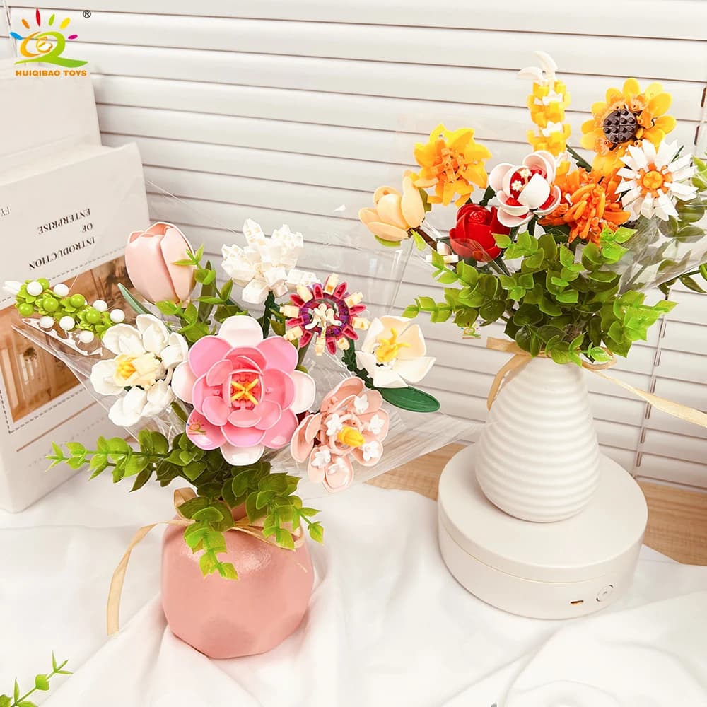 HUIQIBAO MOC Flower Bouquet Model Micro Building Block DIY Rose Eternal Home Desk Plant Decoration Brick Girl Gift Children Toy - 2