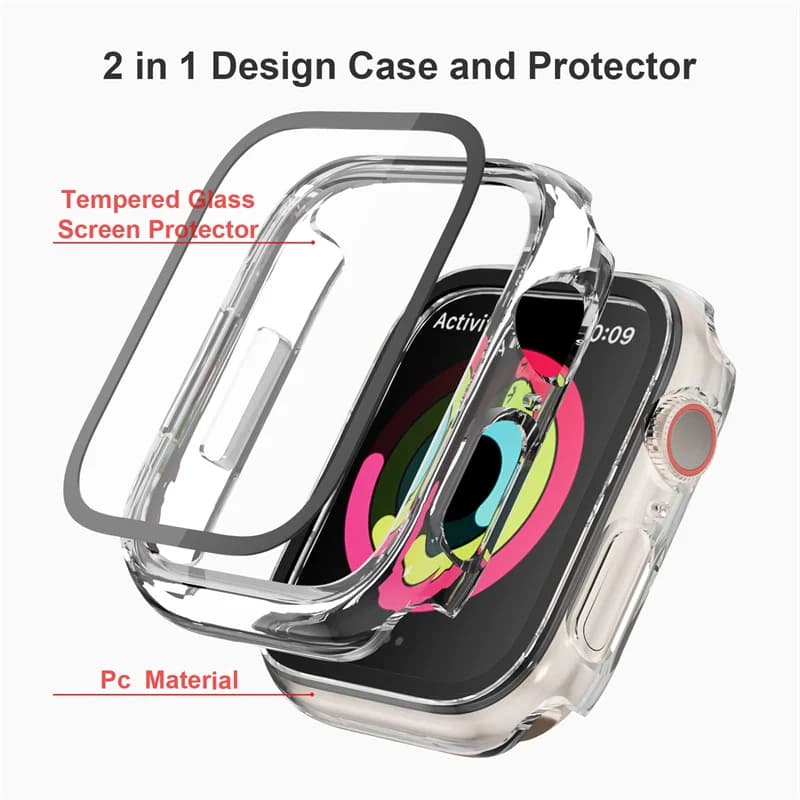Tempered Glass+cover For Apple Watch 9 8 41mm 45mm 42mm 38mm PC bumper Screen Protector Case iWatch series 7 6 5 4 se 40mm 44mm - 3