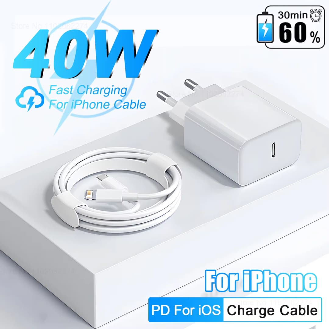 شاحن سريع USB نوع C لهواتف Apple، iPhone 16، 15، 14، 13، 12، 11 Pro Max، XR، XS Plus، كابل شحن PD 40W