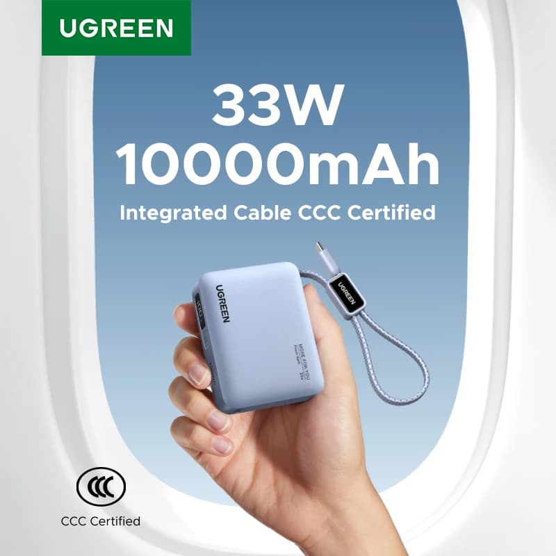 【CCC】 بنك طاقة UGREEN ميني 33 واط 10000 مللي أمبير كابل Type-C مدمج شاحن PD 30 واط متوافق مع بطارية خارجية Xiaomi 33 واط