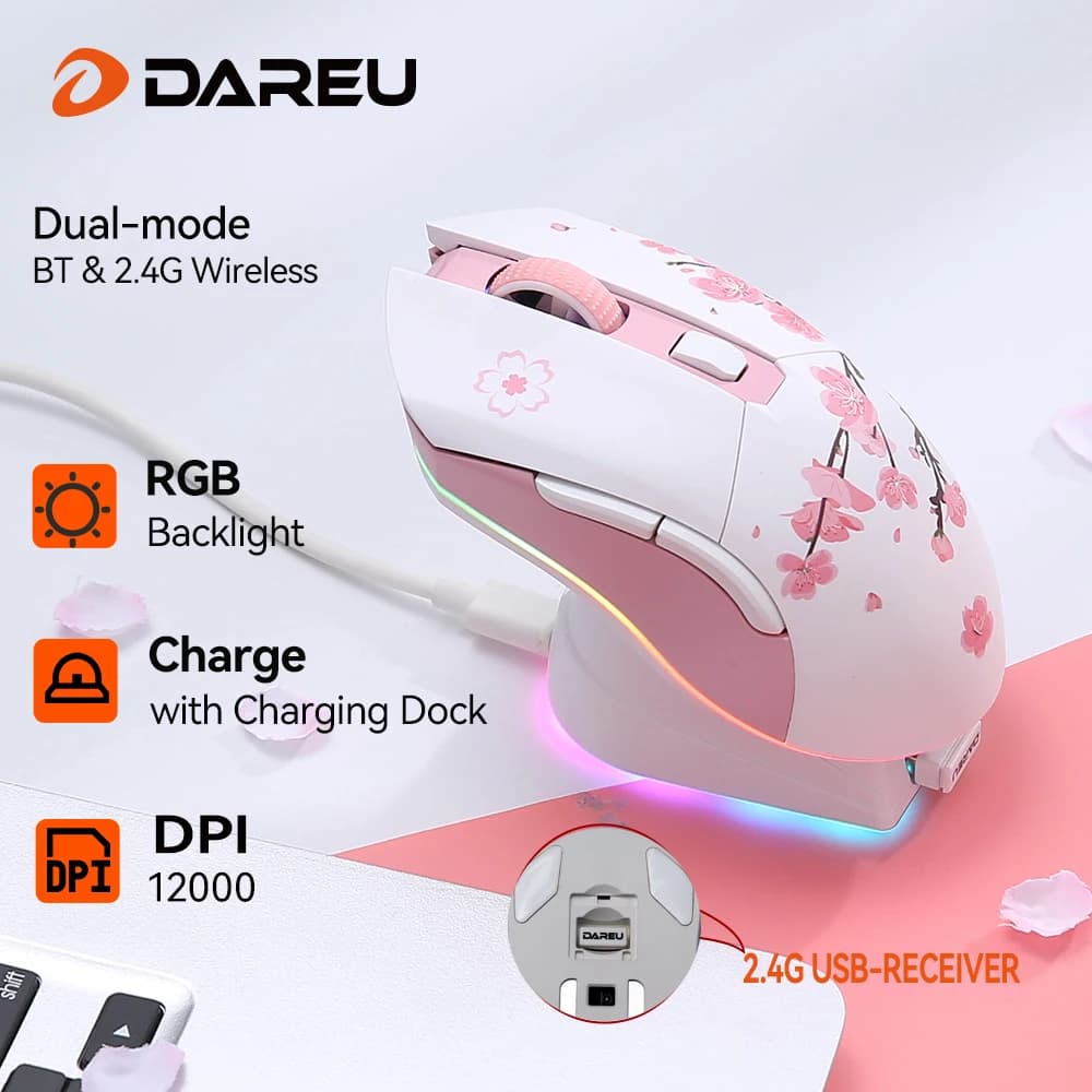 ماوس ألعاب DAREU ثنائي الوضع RGB 2.4G لاسلكي سلكي ماوس ألعاب مع بطارية مدمجة 930mAh قابلة لإعادة الشحن مع مجموعة ماكرو للكمبيوتر المحمول