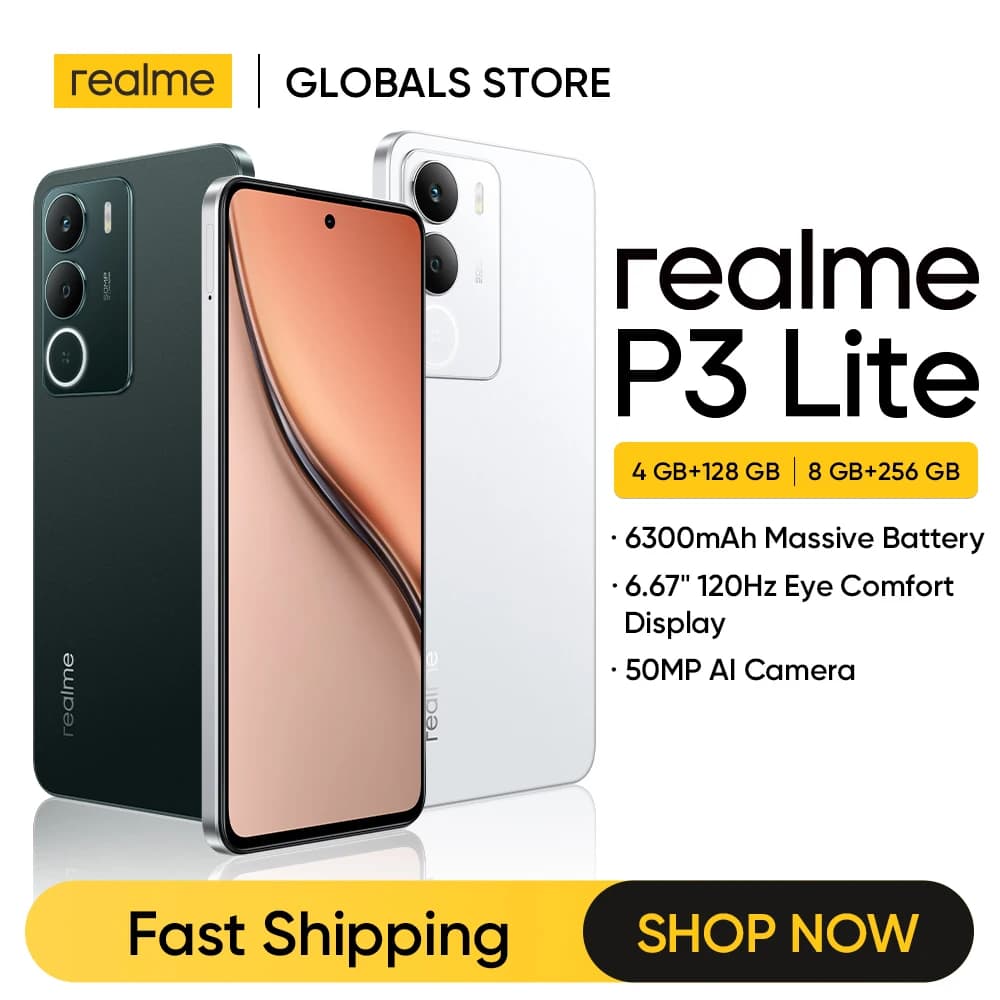 هاتف realme P3 Lite بتقنية NFC وبطارية 6300 مللي أمبير وشحن 15 واط وشاشة 6.67 بوصة بمعدل تحديث 120 هرتز وكاميرا 50 ميجابكسل بمعالج UNISOC T7250