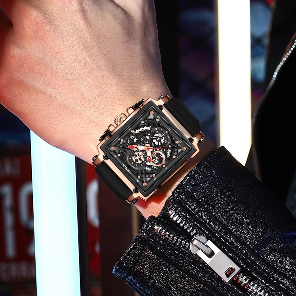 CRRJU ساعة معصم كرونوغراف رياضية للرجال حزام سيليكون عسكري ساعة إيقاف كوارتز مربعة ساعة رجالية - 3