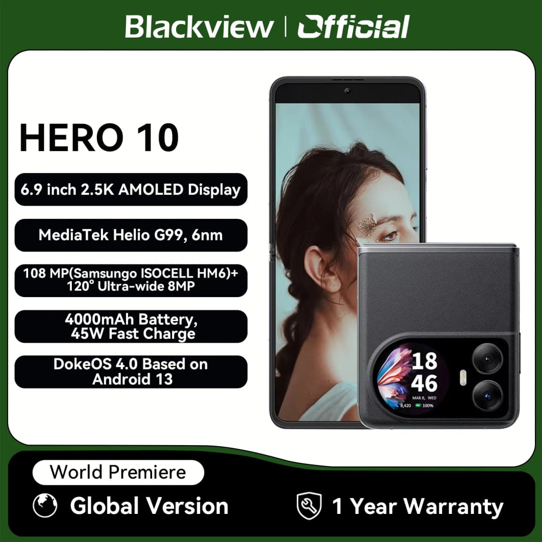 هاتف بلاكفيو HERO 10 الذكي، شاشة قابلة للطي AMOLED مقاس 6.9 بوصة، معالج MTK Helio G99، 12GB رام، 256GB تخزين، كاميرا 108MP، بطارية 4000mAh