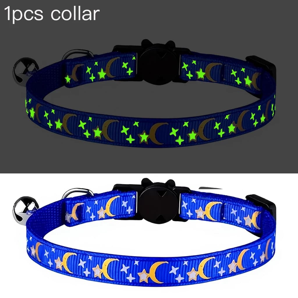 Pet Collar Cat Dog Gold Color Stars and Moon Pet Collar with Bell and PP Material Separate Luminescence Safety Buckle Solid Safe