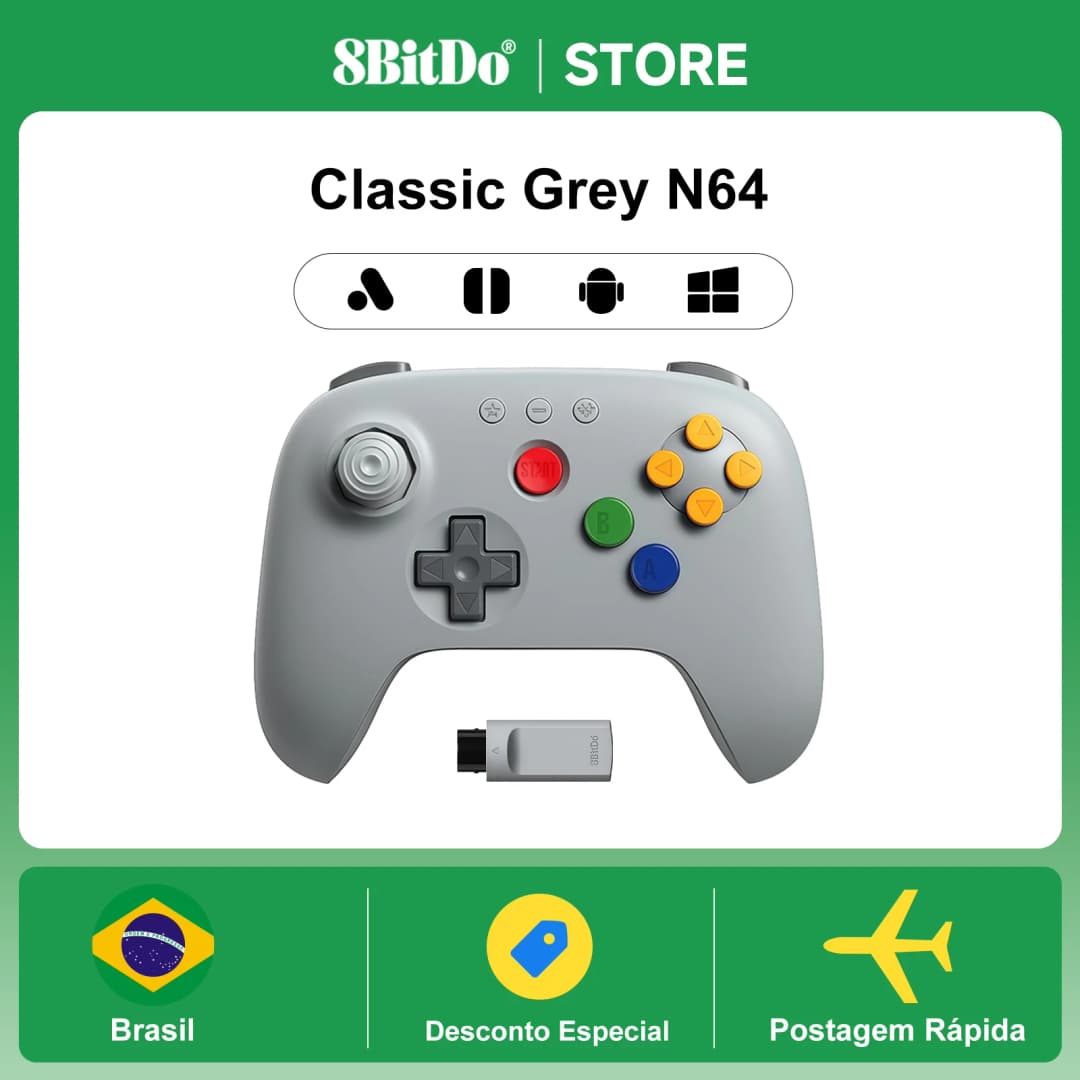 وحدة تحكم لاسلكية 8BitDo N64 2.4G لأجهزة N64 الأصلية / Analogue 3D / ويندوز بي سي، ذراع تحكم كلاسيكي بزمن وصول منخفض (رمادي)