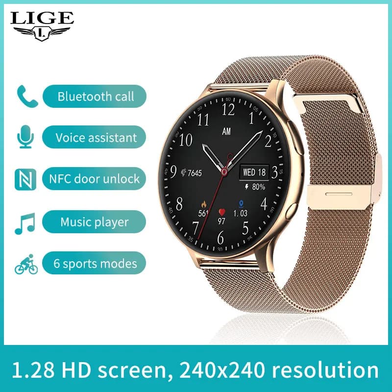 LIGE Women's Smartwatch Heart Rate Monitor NFC Door Unlock Bluetooth Call Music Play Voice Assistant Smartwatch For Android IOS