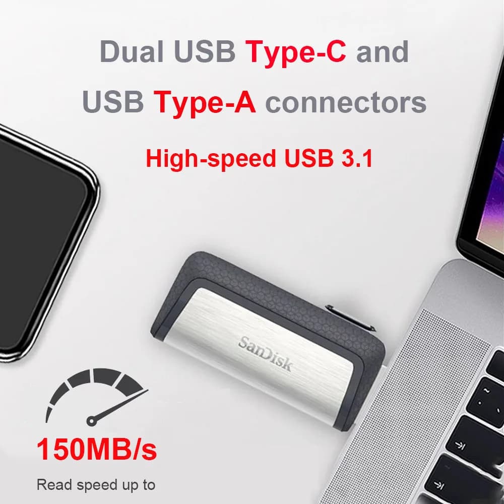 SanDisk SDDDC2 OTG USB 3.1 Type-C Flash Drive 256GB 128GB 64GB Ultra Dual Drive 150MB/s USB Type-C for USB Type-C and Type-A - 3