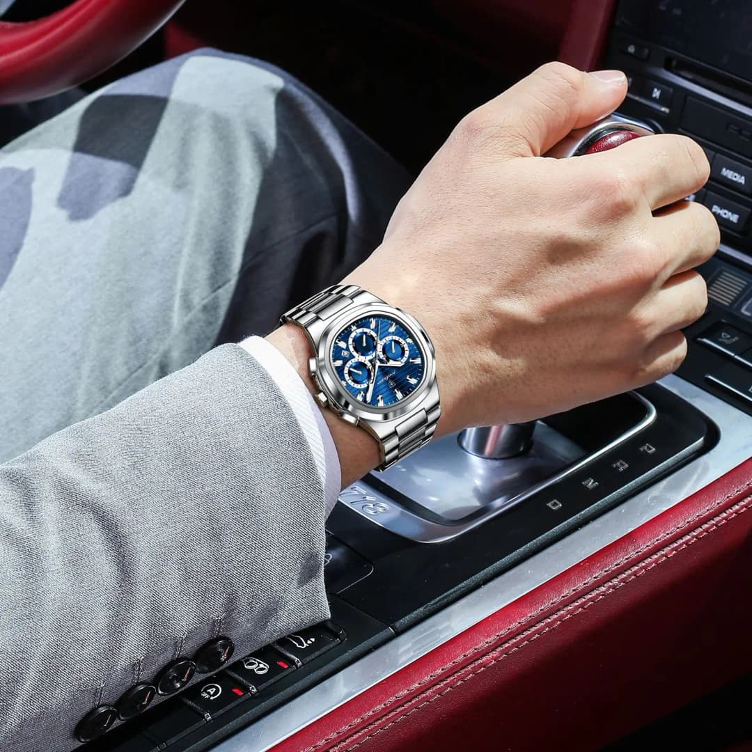 ساعة يد POEDAGAR للرجال الأعمال بتاريخ كرونوغراف مقاومة للماء مضيئة فاخرة من الفولاذ المقاوم للصدأ كوارتز ساعات رجالية - 6