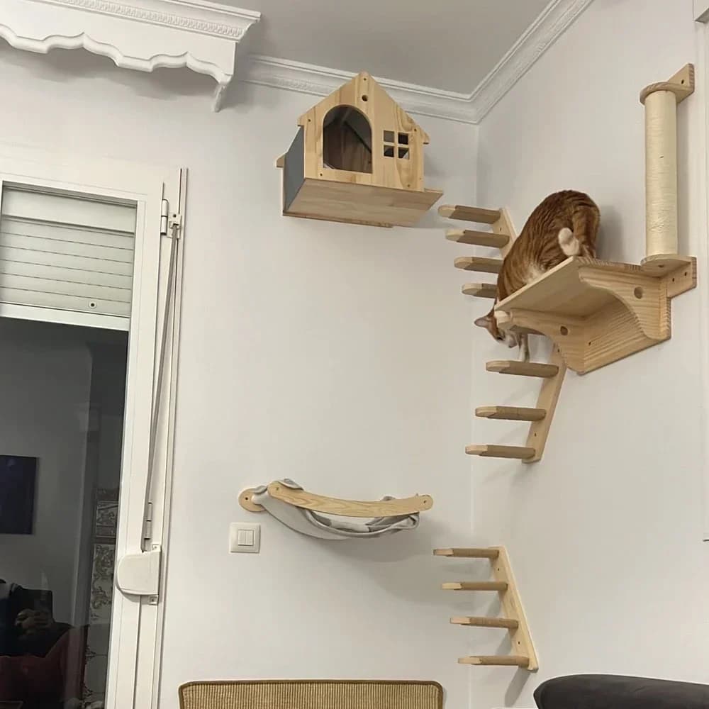 Wooden Cat Climbing Shelves Wall Mounted Cat Tree Sisal Scratching Post Pedal Hammock Indoor Kitten Playground Cats Accessories - 4
