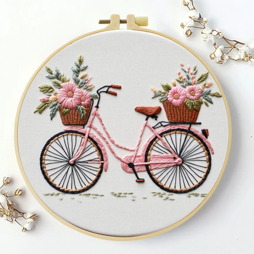 1pc 20X20CM/7.87inch Flowers on the bicycle Embroidery Starter Kit DIY kit Sewing Art Home Decor Set for Beginner - 3