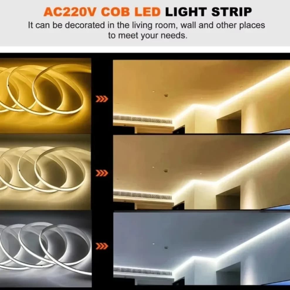 شريط إضاءة LED COB مرن، 220V، IC ذكي، لا يحتاج إلى محول، سطوع عالي، 240 LED، إضاءة خطية، لون أبيض دافئ RA95، طول 1-5 متر - 5