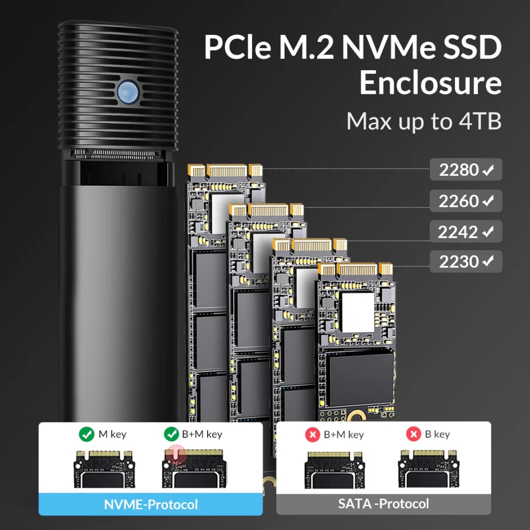 ORICO M2 SSD Enclosure NVMe 10Gbps PCIe SSD Box for M.2 NVMe NGFF SATA SSD Disk Tool Free M.2 SSD Case Built-in Metal Heat Sink - 4