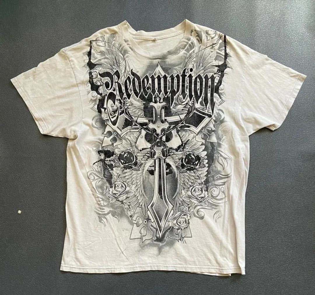 Summer American Men's Gothic Angel Wing Letter Printed Comfortable and Breathable Round Neck T-shirt Outdoor Street Top - 3