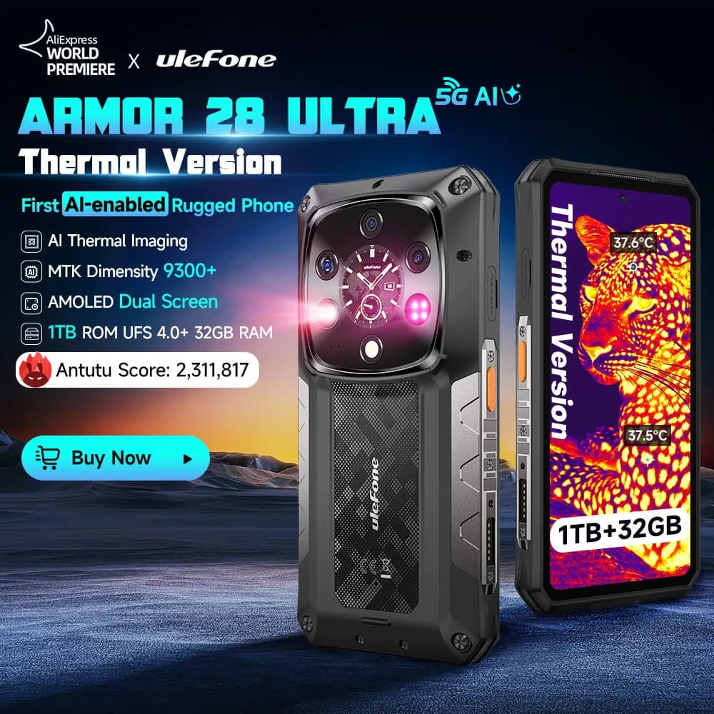 هاتف Ulefone Armor 28 Ultra 5G AI للتصوير الحراري متين Dimensity 9300+ 1 تيرا بايت ROM 32 جيجابايت RAM هاتف ذكي بنظام Android AMOLED