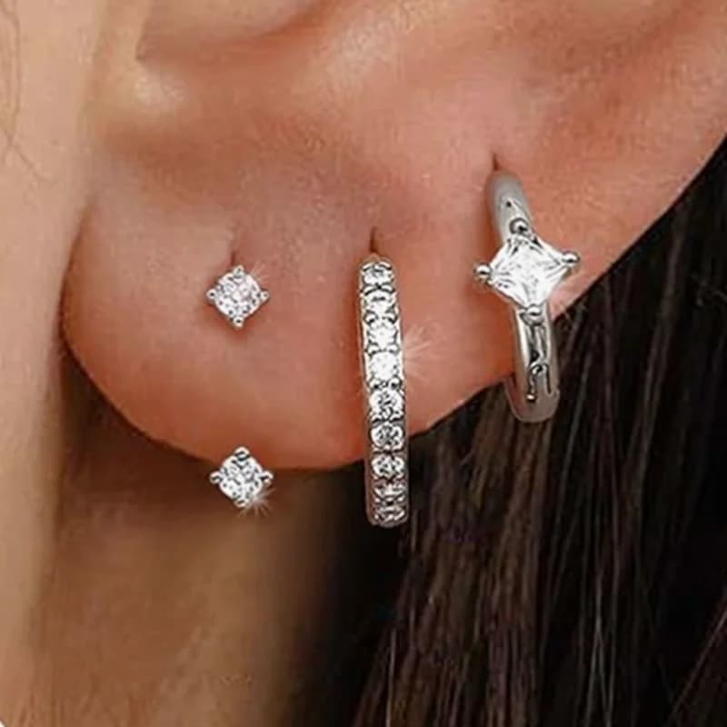3PCS Sets Stainless Steel Square Zirconia Hoop Earrings For Women Daily Life Cartilage Stud Earrings Piercing Jewelry Gift - 4