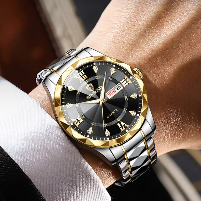 BINBOND Men Watch Stainless Steel Top Quailty Luxury Push Button Hidden Clasp Waterproof Luminous Date Week Sport Wrist Watches - 6
