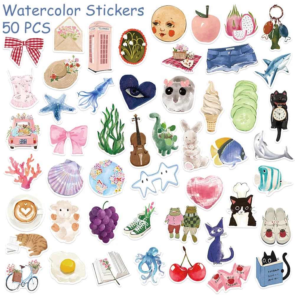 50/100pcs Watercolor Dairy Stickers Decals For Phone Laptop Scrapbook Luggage Helmet DIY Graffiti Aesthetic Stickers Gifts - 5