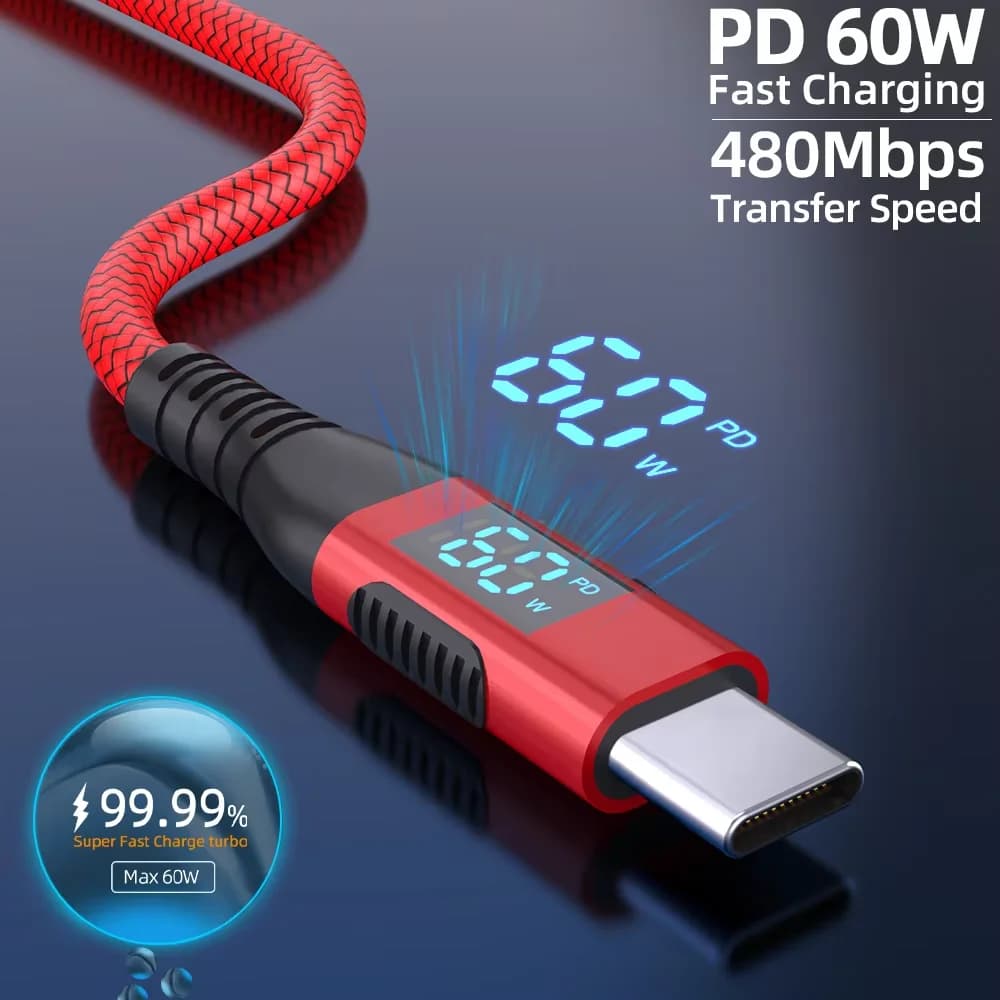 High quality 1PC USB To Type C Cable 60W Fast Charging Charger Wire LED display For Xiaomi Samsung Laptop USB C Cord 1M 2M 3M - 2