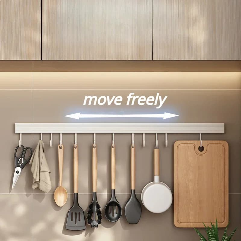 Wall Mounted Kitchen Storage Rack No Punch Shelves with Movable Hook Spoon Holder Organizer Kitchen Utensil Accessories - 3