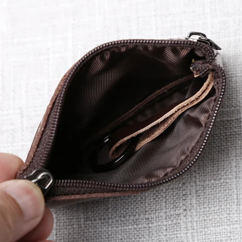 Leather Mini Coin Purse Unisex Simple Portable First Layer Cowhide Retro Handmade Zipper Small Wallet Key Case - 4