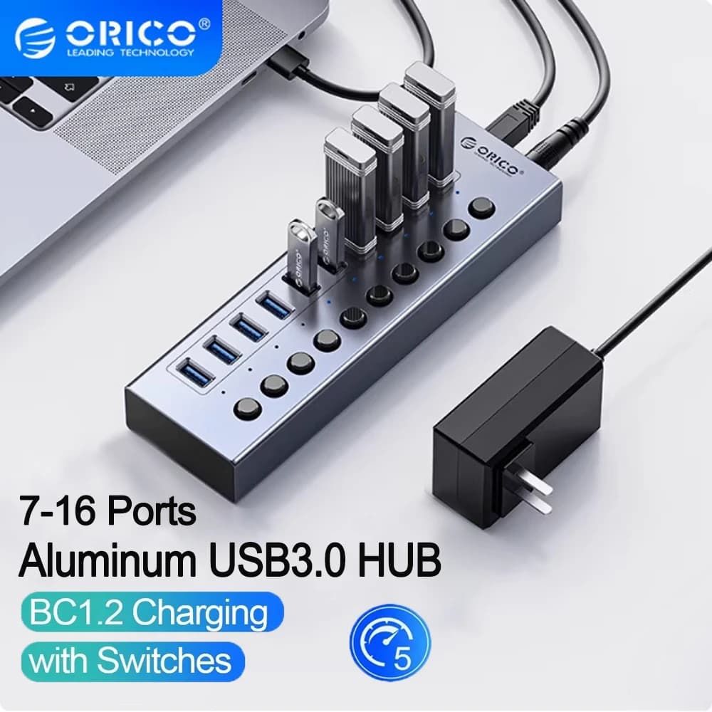 محور صناعي من الألومنيوم ORICO بـ 7/10/13/16 منفذ USB 3.0 محطة تقسيم للكمبيوتر الشخصي محول USB من متجر Orico الرسمي