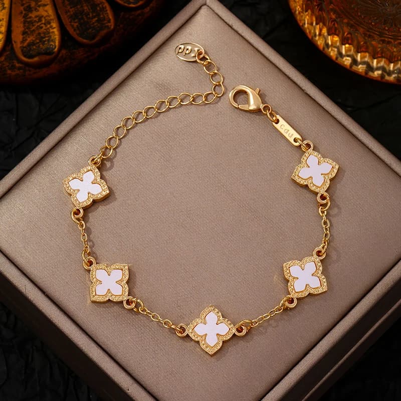 Luxury Vintage Rhinestone Four Leaf Clover Bracelet for Women Girls Fashion Five Leaf Flower Wrist Chain Jewelry Bijoux Gifts - 4