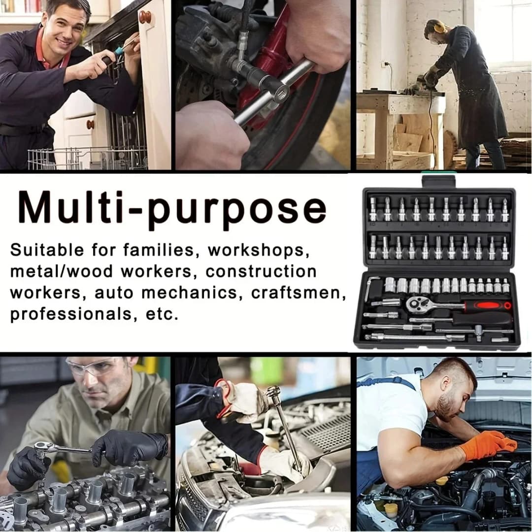 صندوق أدوات إصلاح السيارات الجديد 2025، 46 قطعة، يشمل مفتاح راتشيت ومقابس، مجموعة صيانة السيارات - 4