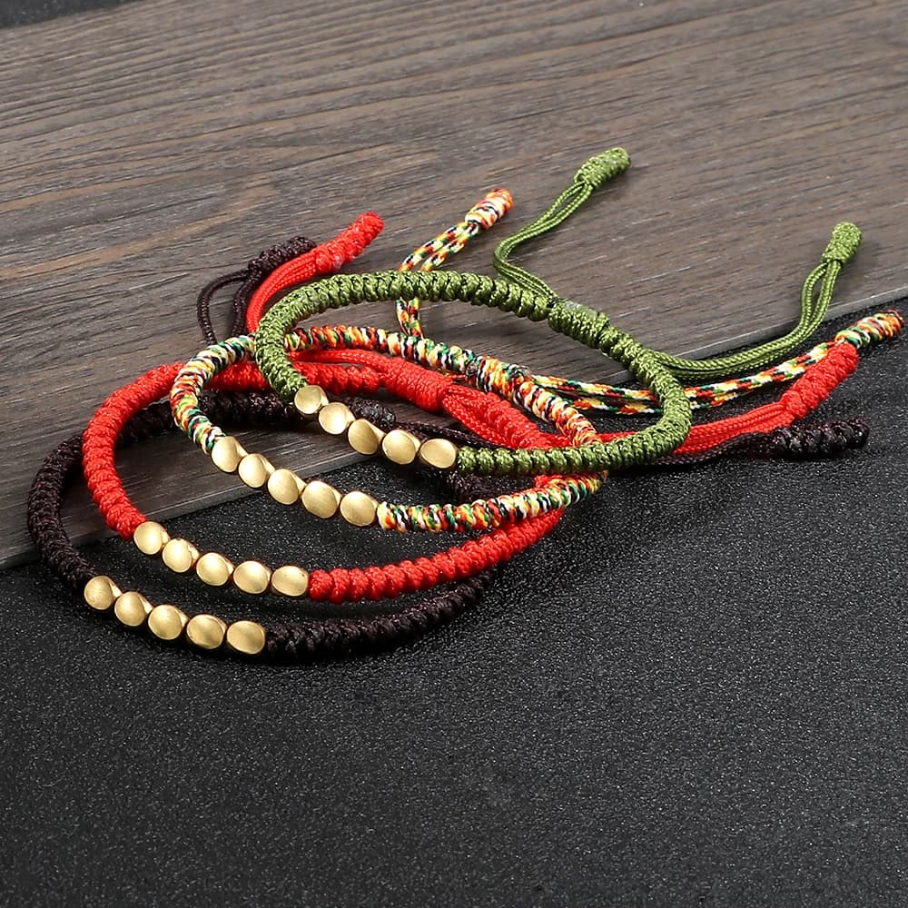 Handmade Tibetan Copper Bead Thread Braided Bracelet Red Lucky Rope Prayer Wristband Bracelets for Men Women Ethnic Jewelry Gift