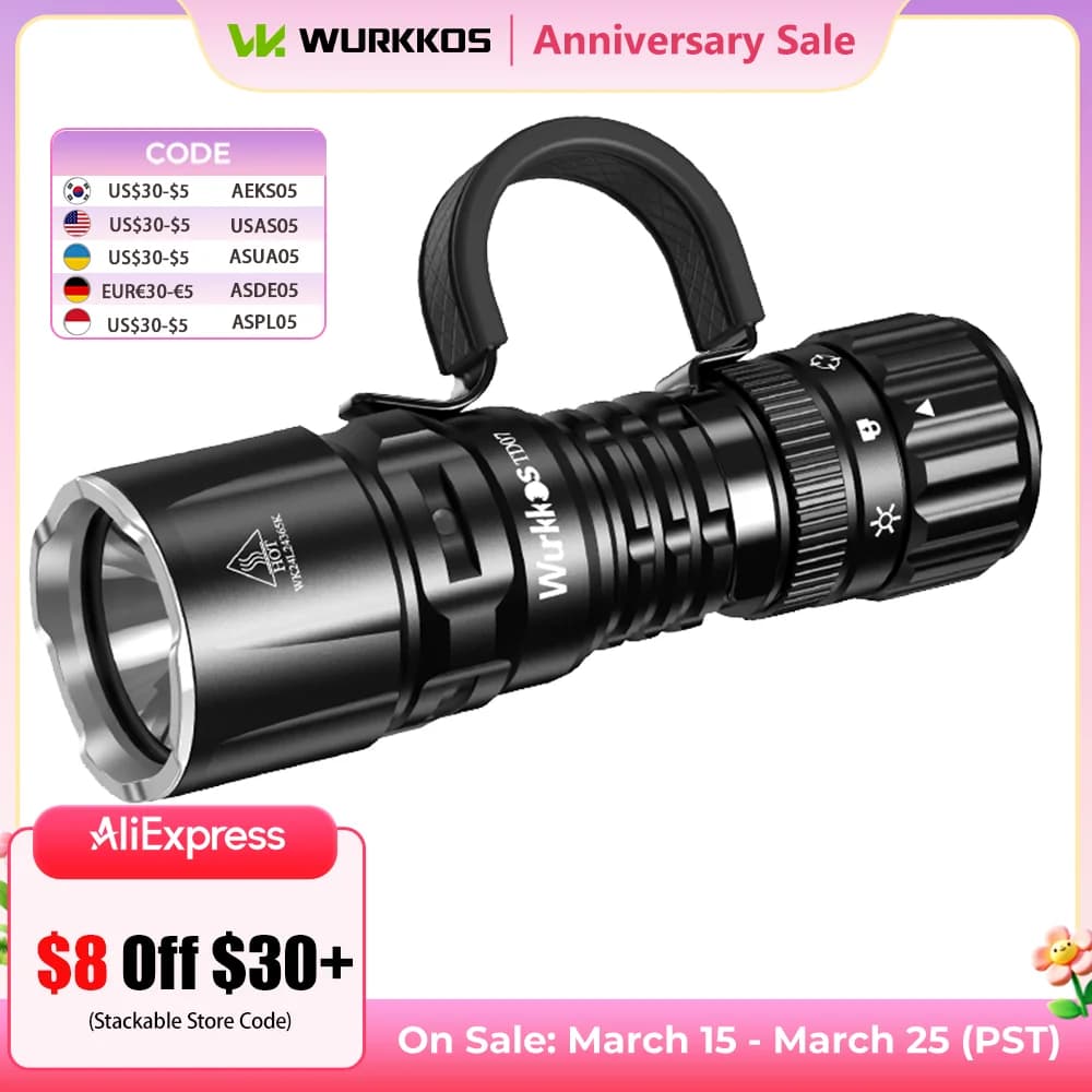 Wurkkos TD07 18350 Tactical Flashlight 1300LM 479M Long Range Rechargeable Lamp IP68 Mini Torch with Finger Ring Dual Switches
