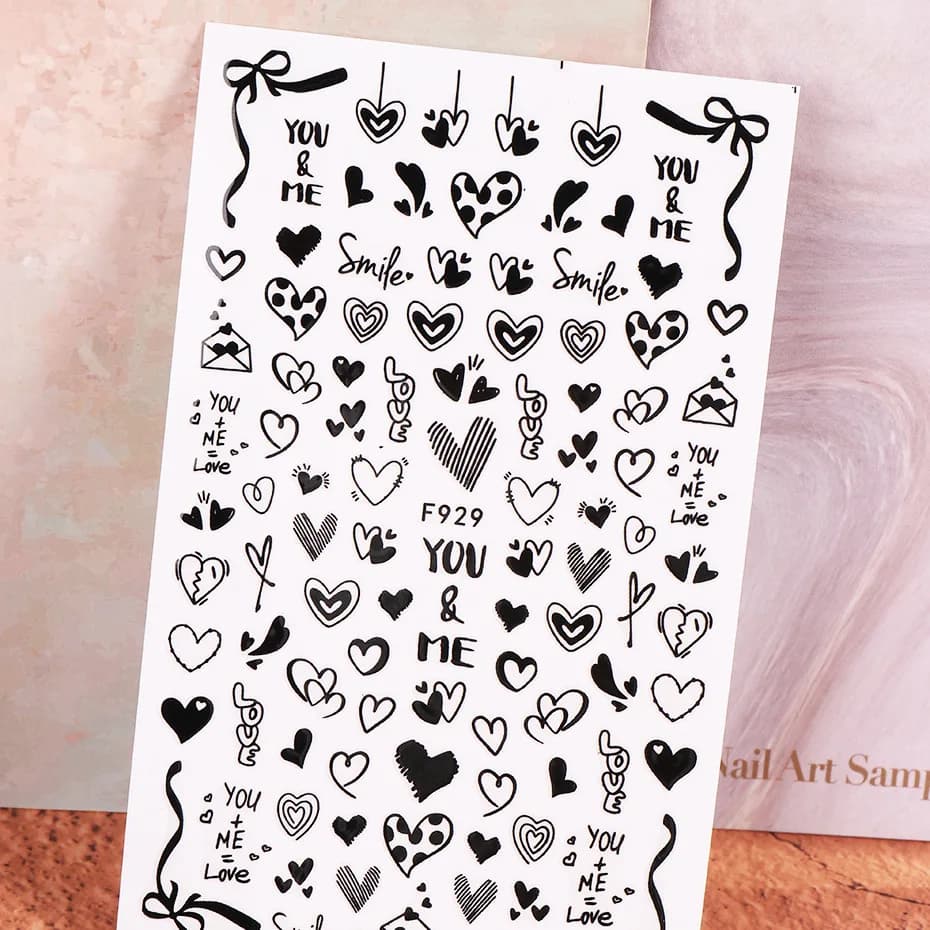 1PCS New Black White Love Heart English Alphabet Nail Art Sticker Nail Decoration Decal DIY Valentine's Day 3D Adhesive Stickers - 5