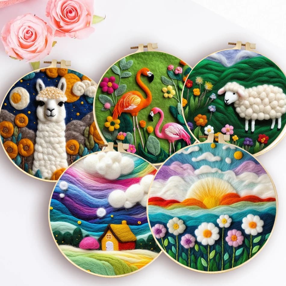 طقم تلبيد وإبر صوف - أطقم تطريز للمبتدئين - طقم صور لباد حيوانات مع إطار 20x20 سم