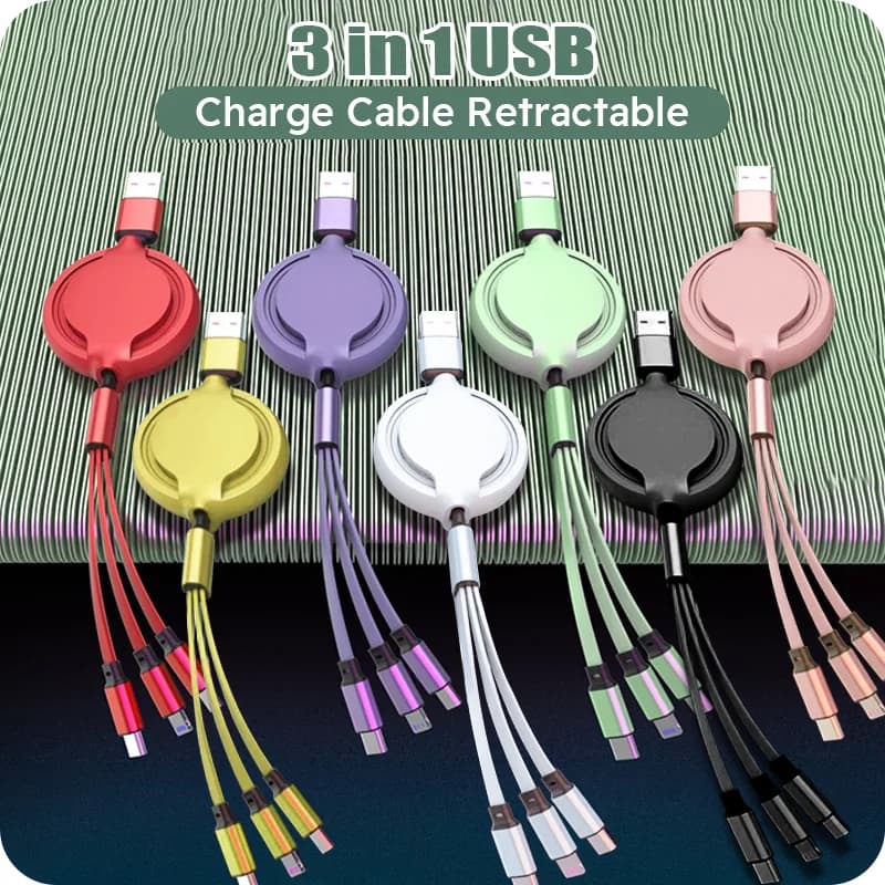 كابل USB قابل للسحب 3 في 1 شحن سريع كابل بيانات لآيفون سامسونج هواوي شاومي سلك شحن متعدد المنافذ