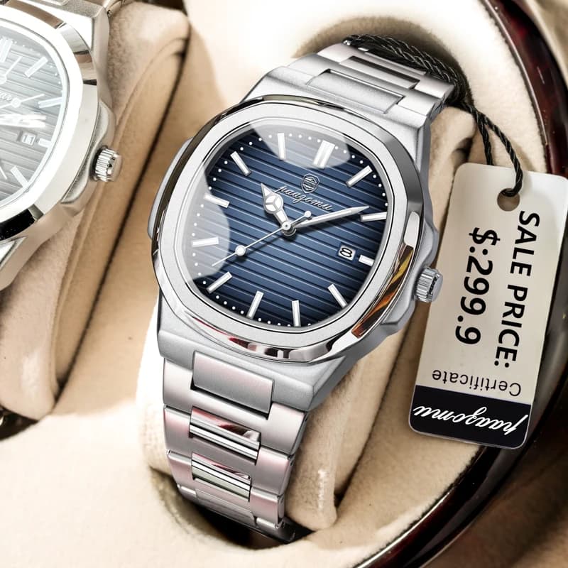 ساعة PAAZOMU رجالية فاخرة، مقاومة للماء حتى 50 ATM، مضيئة، تاريخ، فولاذ مقاوم للصدأ، ساعة كوارتز مربعة للرجال