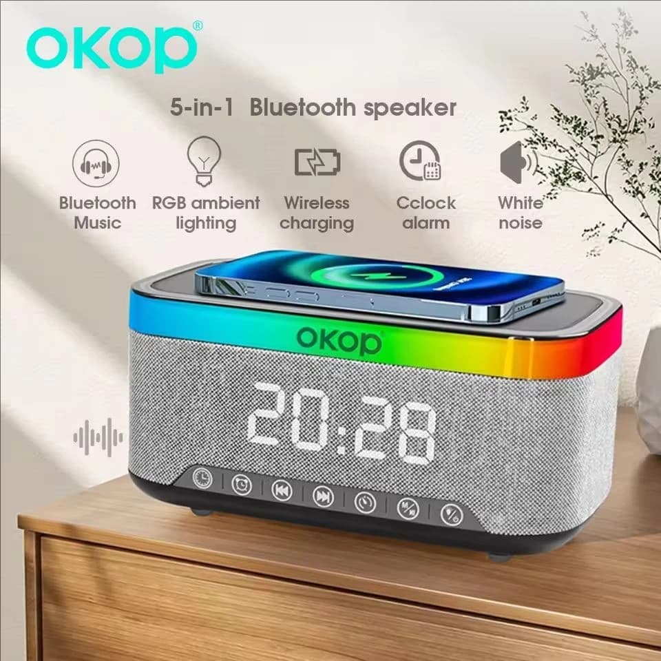 سماعة بلوتوث OKOP بقوة 15 واط شحن لاسلكي، ساعة منبه إضاءة محيطة RGB ضوضاء بيضاء شاحن مكتبي - 6