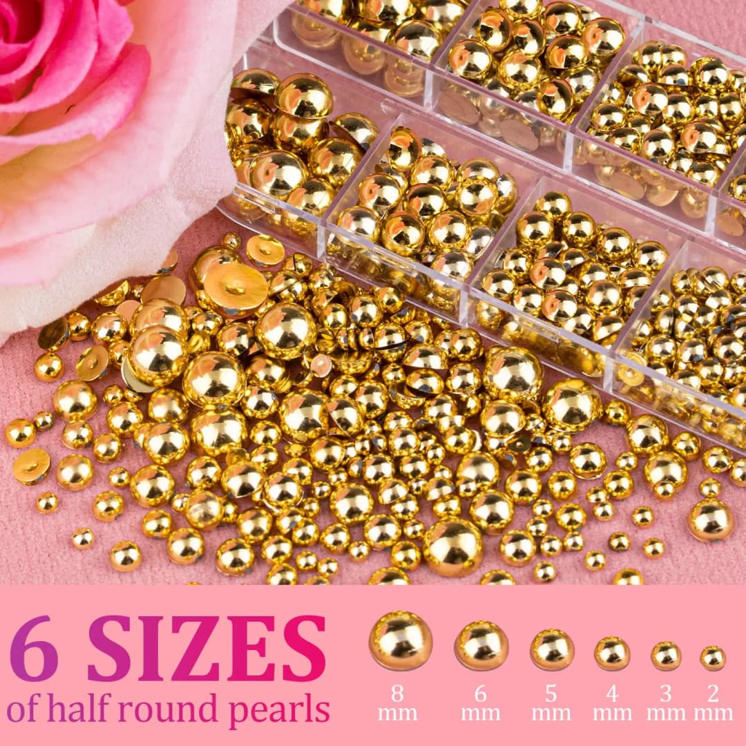 3Pcs/Set Gold Half Round Flatback Pearl Nail Charms - 12Grids Pearls Rhinestone Kits with Pickup Pencil & Tweezer Nail Art Tools - 4