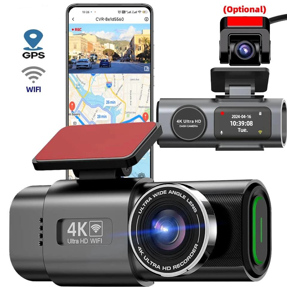 كاميرا سيارة تسجيل 4K UHD كاميرا DVR رؤية ليلية مسجل فيديو مدمج واي فاي دعم GPS مراقبة 24 ساعة