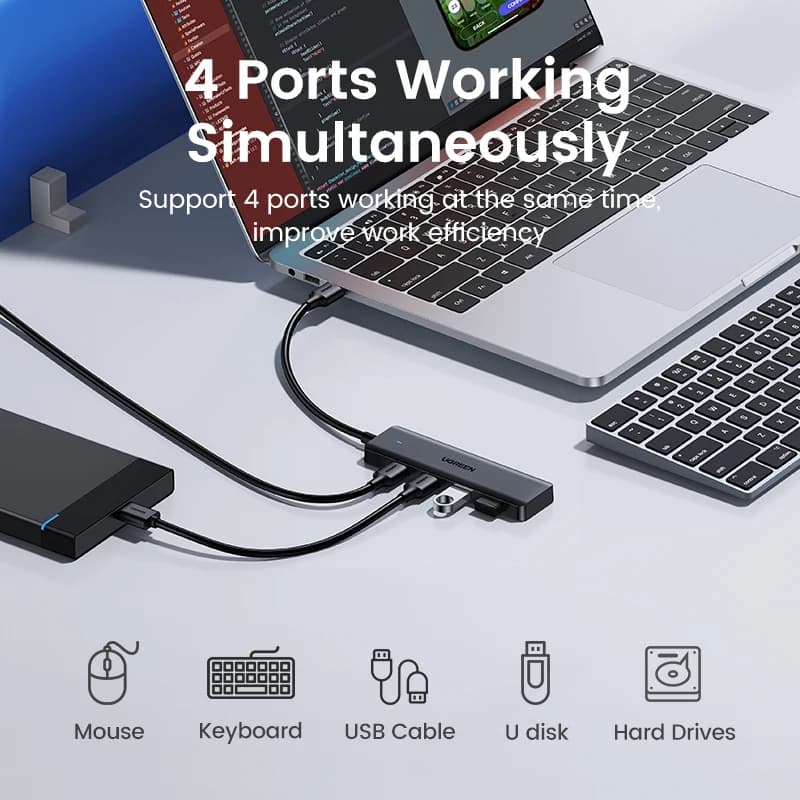 محول USB 3.0 من UGREEN مع 4 منافذ متوافق مع أجهزة الكمبيوتر المحمول والمكتبي وماك بوك برو وأير وXbox وPS5 - 3