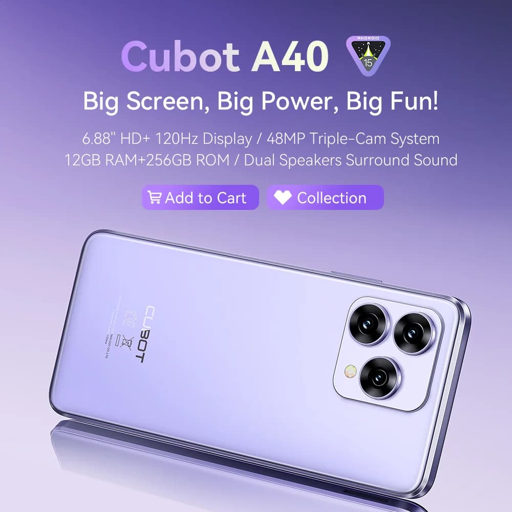 هاتف كوبوت A40 الذكي، أندرويد 15، 12 جيجابايت رام + 256 جيجابايت روم، شاشة 6.88 بوصة بمعدل تحديث 120 هرتز، معالج ثماني النواة، كاميرا 48 ميجابكسل، بطارية 5100 مللي أمبير، NFC، بصمة الوجه