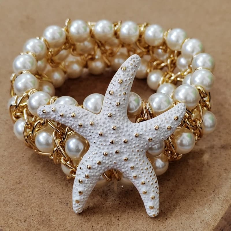 Trendy luxury  Starfish  Flower Elastic Pearl  Bracelet Bangle Jewelry For Women Party Gift - 4