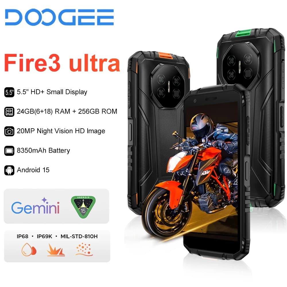 العرض العالمي الأول لهاتف DOOGEE Fire 3 المتين للغاية شاشة 5.5 بوصة HD 6 جيجابايت 256 جيجابايت هاتف محمول 8350mAh أندرويد 15 NFC