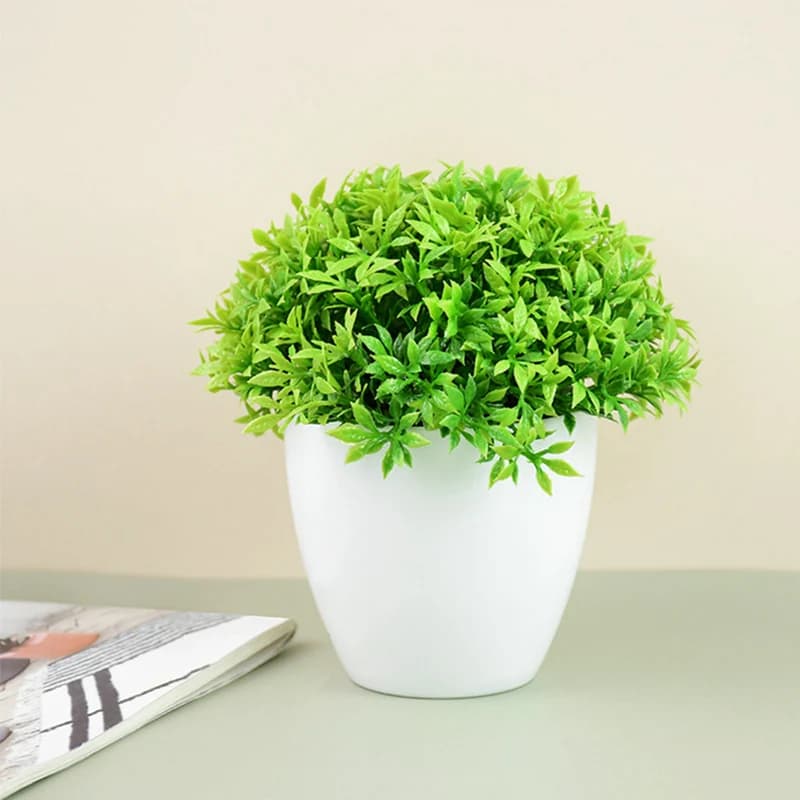 نباتات اصطناعية في أصيص بونسي أخضر صغير شجرة عشب نباتات أصيص زينة زهور صناعية لديكور حديقة المنزل حفلات الزفاف - 2