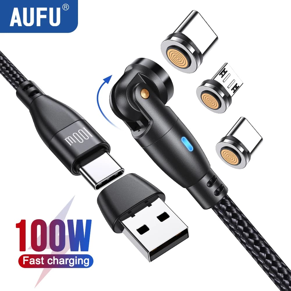 كابل مغناطيسي USB Type C من AUFU بقوة 100 واط، شحن سريع 5A، كورد شاحن مغناطيسي لهواتف ماك بوك وسامسونج وآيفون