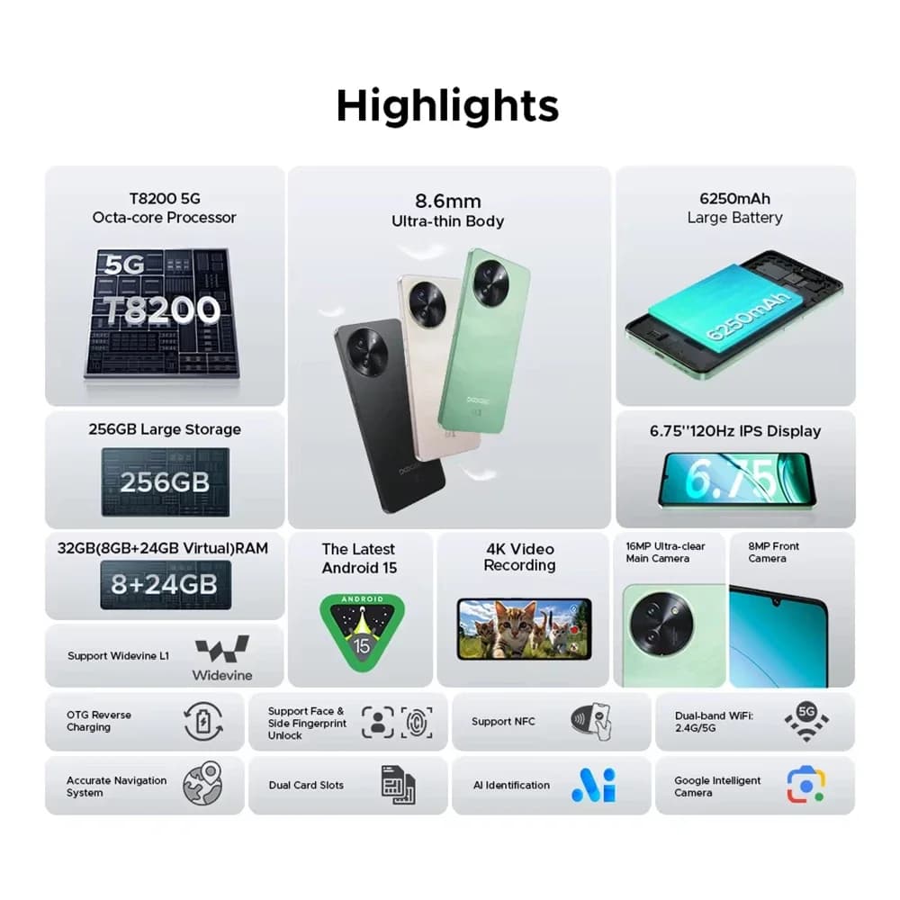 DOOGEE Note 59 Pro Smartphone 5G 6.75" HD+ Telephon Portable 32GB(8+24) RAM+256GB ROM 6250mAh 16MP Android 15 NFC Mobile Phone - 3