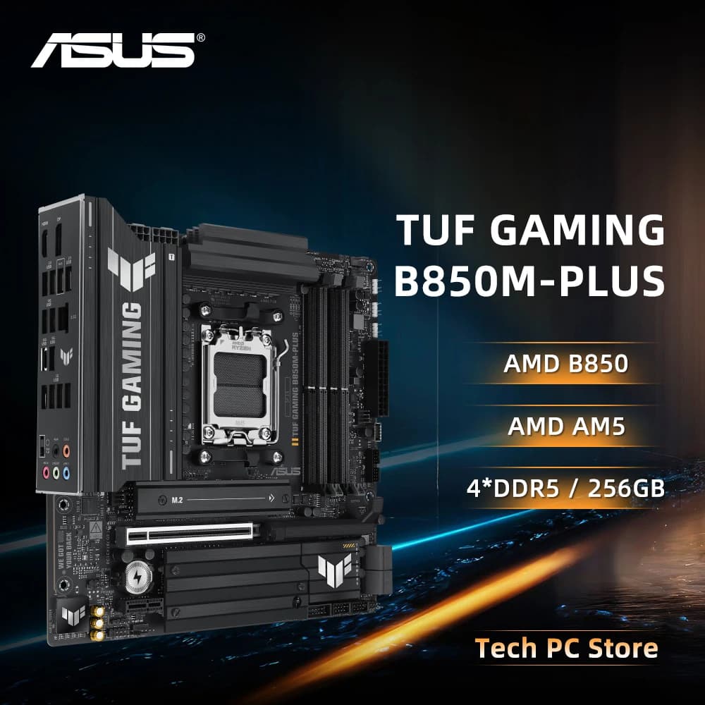 أسوس TUF GAMING B850M-PLUS لوحة أم بمعالج AMD B850 وذاكرة DDR5 سعة 256 جيجابايت، منفذ PCIe 4.0، مقبس AM5، تدعم Ryzen 9800X3D/7800X3D/8700F/9600X، بحجم 24.4 x 24.4 سم