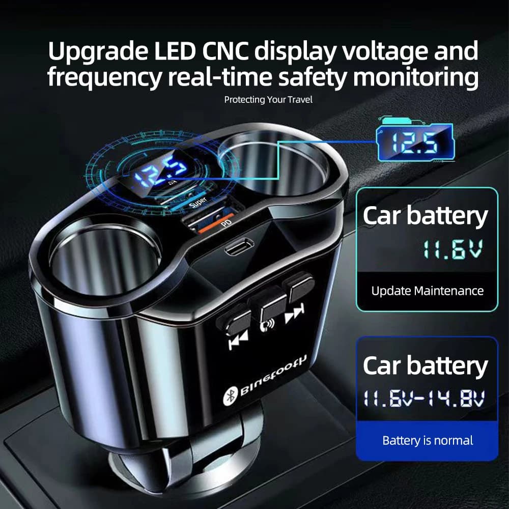 مرسل FM بلوتوث للسيارة مع ولاعة سجائر وشاحن مزدوج USB للشحن السريع، شاشة LED، متوافق مع 12V-24V - 2